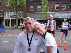 Al & Sandy at the finish line of the Olympia Marathon, in Wash.